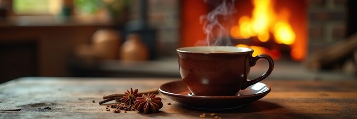 Steaming cup of spiced tea in front of a crackling fireplace, comfort, warmth