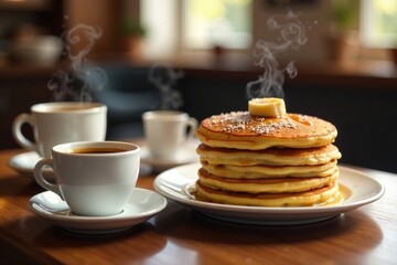 Steaming cups of coffee next to a stack of golden brown pancakes, cozy, cozy table
