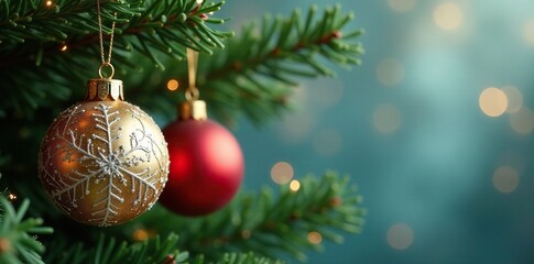 Naklejka premium Icy snowflake ornaments hanging from a green gold sparkle Christmas tree branch, ornaments, gold