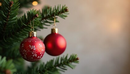 Red and white spherical ornaments paired on a single branch on a slender Christmas tree, decoration, red