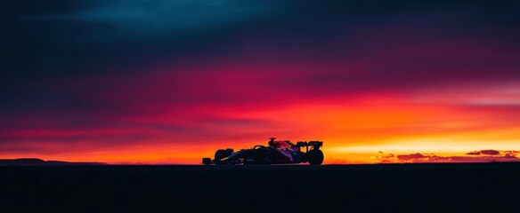 Racing Car Silhouette Against Dramatic Sunset Sky with Vibrant Colors and Atmospheric Clouds