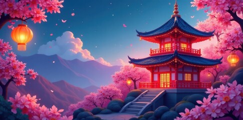 Obraz premium Cartoon pagoda amidst pink blossoms & glowing lanterns , nature, wallpaper
