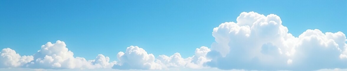 Big puffy white cumulus clouds float on the clear blue summer sky with warm sunshine, fluff, puffy, afteroon
