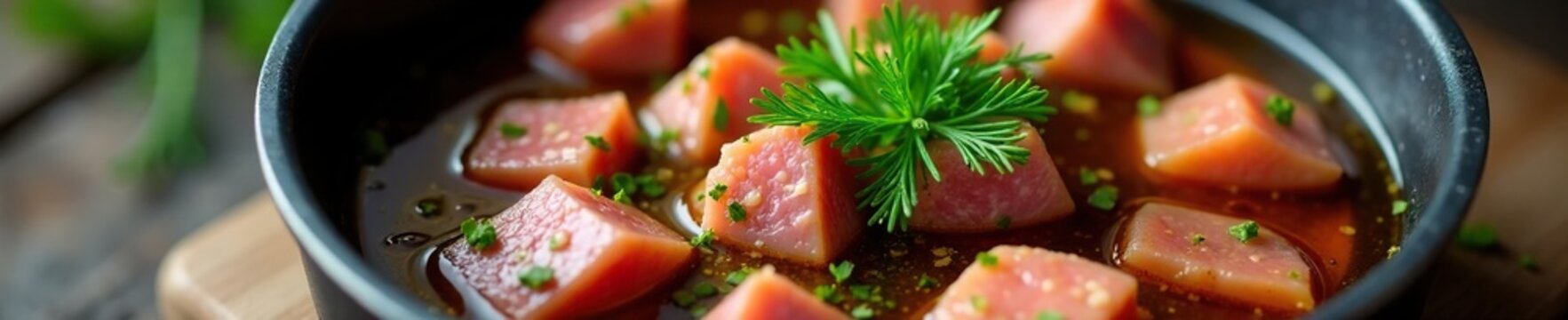 Beef broth and lamb meat cubes mixed with chopped fresh dill in a saucepan, dill, flavor enhancer, broth