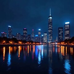 Obraz premium Cityscape, illuminated skyscrapers reflected in dark river, chicago, horizon