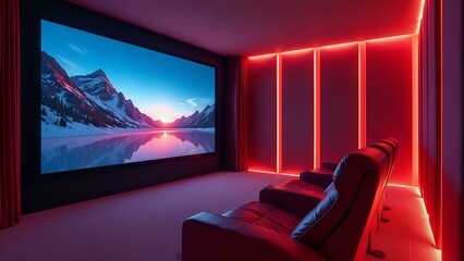 A futuristic home theater system with a curved OLED screen, acoustic panels, and reclining seats with haptic feedback.