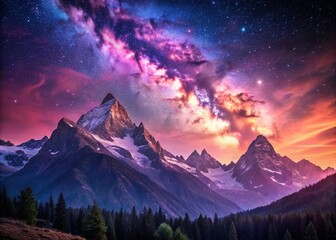 Serene Mountain Peaks Under a Starry Purple and Pink Night Sky - Stunning Landscape Photography