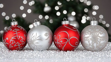Elegant Christmas Ornaments in Red and Silver Arranged on a Shimmering Background with Bokeh Lights