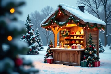 Wooden kiosk with garlands of evergreen trees and mistletoe hanging above it, kiosk, snowy, festive
