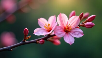 Obraz premium Inflorescence branch with delicate pink petals and yellow centers, inflorescence, branch