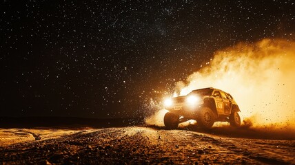 A dramatic nighttime scene captures a rally car in an accident under a starry sky, sending dust and debris flying across a rugged desert landscape.