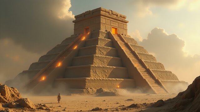 Ancient ziggurat rises from digital clay as cuneiform bricks glow with heat, holographic priests ascend in shifting models