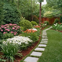 Serene garden pathway lined with vibrant flowers and lush greenery in spring