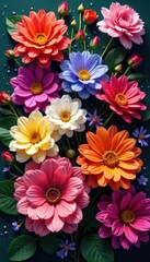 Obraz premium Colorful mixed flower arrangement, vivid hues, full bloom, arrangement, close-up