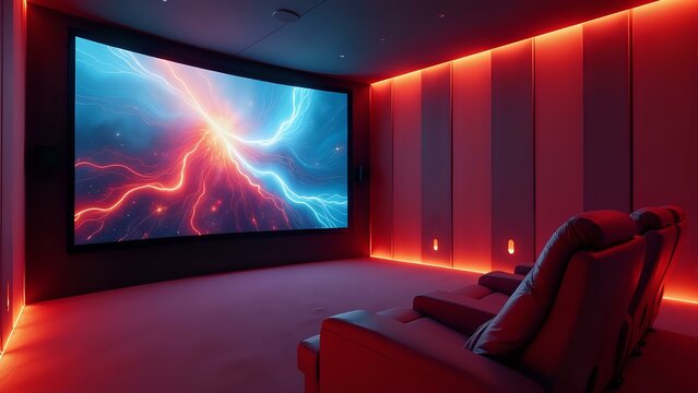 The room features a large, curved floor-to-ceiling OLED display, acoustic panels, reclining seats with built-in haptic feedback, and a sleek voice-activated remote control.