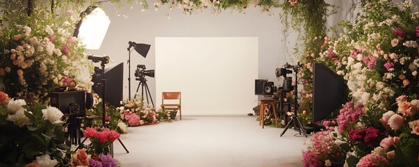 Photographic studio setup with flowers surrounding blank backdrop
