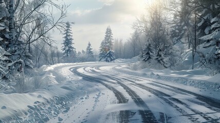 Fototapeta premium A serene winter scene featuring a snow-covered road winding through icy trees. The tranquil atmosphere captures the essence of a peaceful, cold day in nature.
