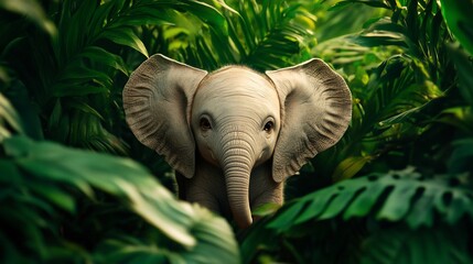 Baby Elephant Hidden in Lush Tropical Foliage