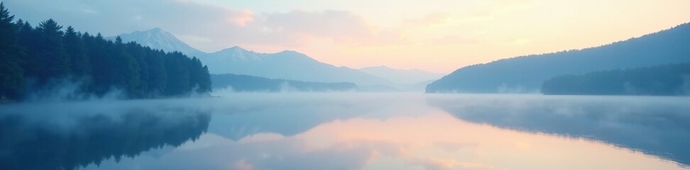 Fototapeta premium Soft blue mist rises over a serene lake at dawn, morning, landscape, water