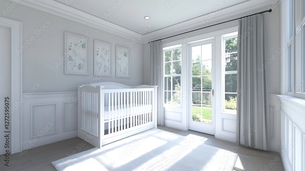 Poster bright airy nursery room with a white crib and large windows allowing natural light to flow in : gen