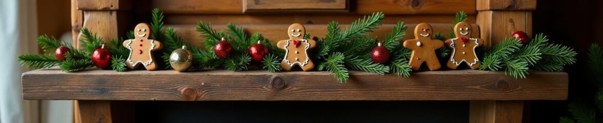 Wooden mantel adorned with fresh pine branches and gingerbread ornaments, cozy cabin, ornaments
