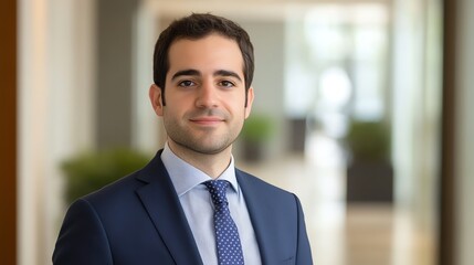 Fototapeta premium A professional man in a business suit stands confidently in an office setting, exuding professionalism and approachability.