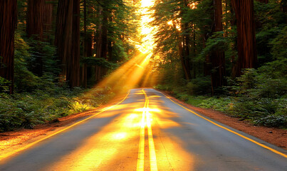 Sun rays on road through redwood forest