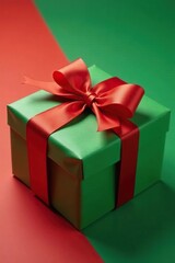 Obraz premium Red and green gift wrap with a bow tied around a gift box, knot, ribbon