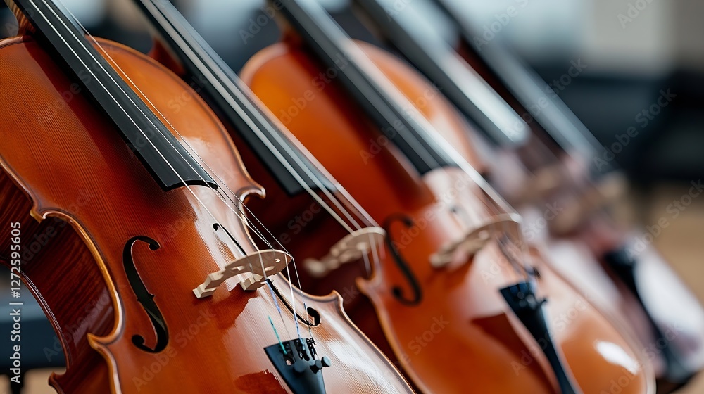 Aufkleber close up view of multiple stringed violins arranged in a row showing craftsmanship : generative ai