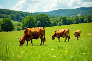 Fototapeta premium Basque cattle grazing in the lush green meadow, nature, Navarra
