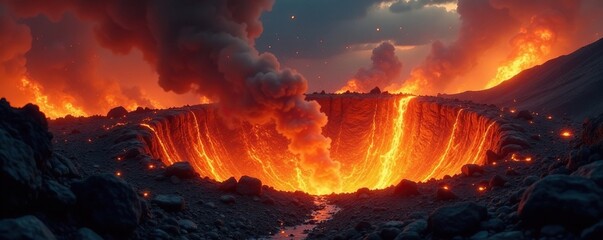 Blazing flame shoots from a crater in the ground, blazing inferno, chaos