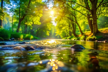 Fototapeta premium Serene River Flowing with Bokeh, Water Stream, Nature Background, Peaceful Landscape, Blurred Background