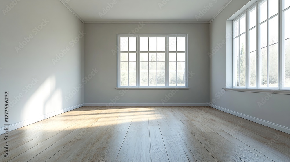 Poster Bright and Airy Modern Empty Room with Large Windows and Wooden Floor Creating Inviting Space : Generative AI
