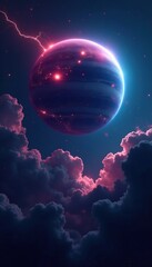 Naklejka premium Stormy Uranus-like planet with lightning bolts, gaseous atmosphere, turbulent clouds