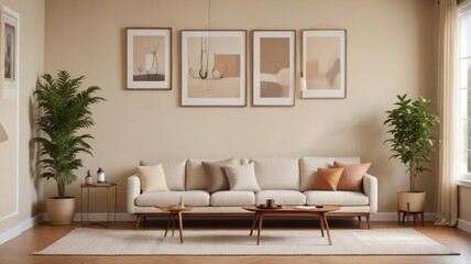 Serene Living Room Design Featuring Neutral Tones, Plush Sofa, and Artistic Wall Decor