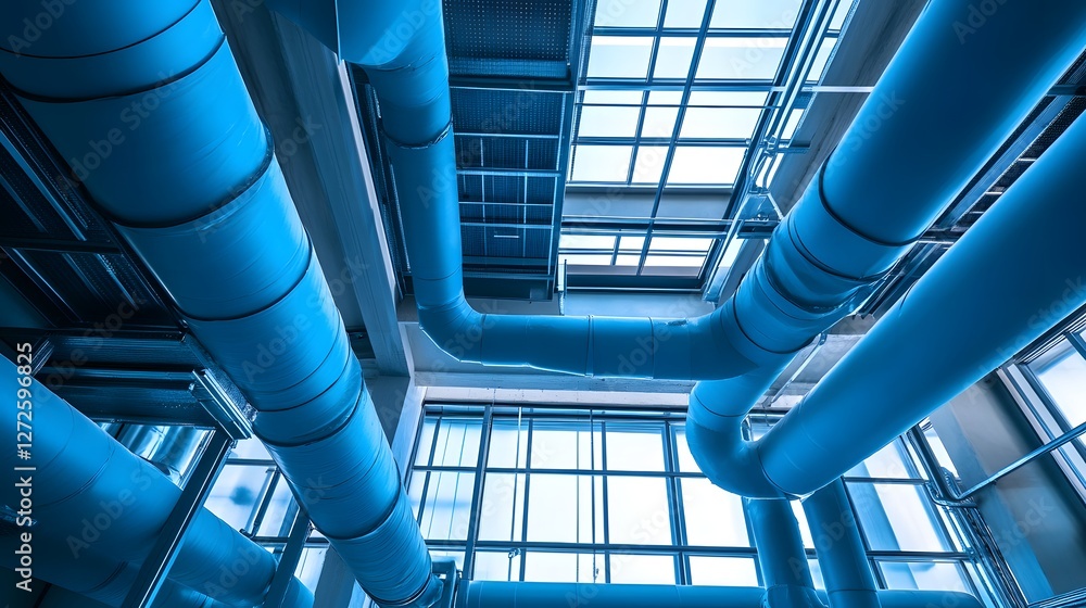 Poster a large building with blue pipes running through it. the pipes are connected to a central system, an