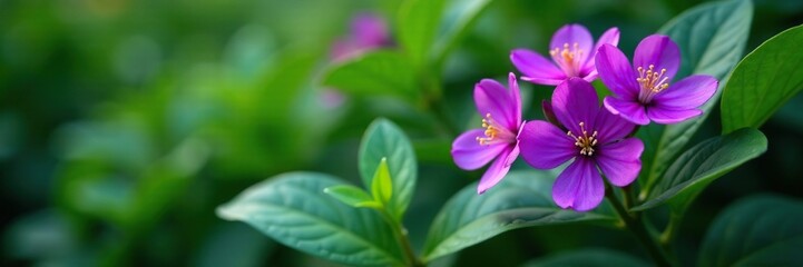 Obraz premium Dark purple blooms surround lush green foliage, botanical, nature