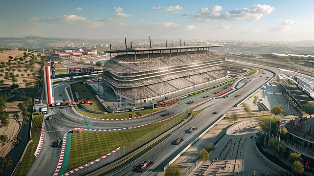 An aerial view captures the thrilling atmosphere of a race track during a competition, showcasing vehicles speeding past a vibrant crowd and modern architecture.