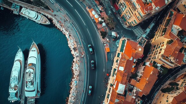 A captivating overhead shot of an F1 car skillfully navigating a tight circuit. The scene showcases the vibrant cityscape along the coastline, with luxury boats docked nearby.