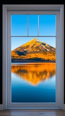 Serene mountain view through a window, reflecting on calm water at sunrise