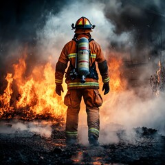 Naklejka premium A firefighter stands bravely amidst raging flames, ready to combat the blaze, showcasing courage and resilience in a dangerous environment.