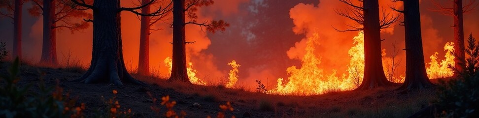 Inferno flames engulfing dry forest landscape, fires, danger, woodlands