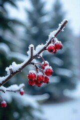 Icy winter scene with frosted red berries on bare branches, icy, evergreen