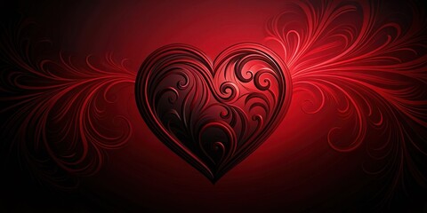 An Ornate Dark Red Heart with Swirling Floral Decorations on a Deep Crimson Background