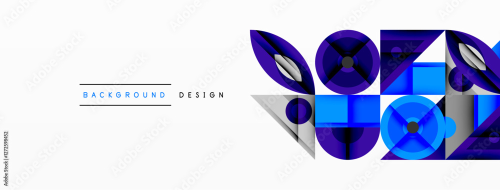 Poster Geometric abstract composition with intersecting shapes, circles, triangles, and gradients, blending vibrant colors and dynamic contrasts to create a modern, futuristic visual design