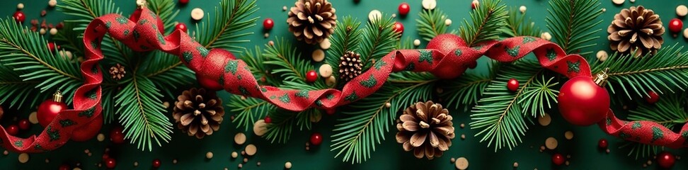 Red and green striped garlands on fir branches, holiday decorations, pinecone, ribbons