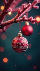 Fototapeta premium Red and white ornaments hanging from a bright pink tree branch, red ornament, tree branch