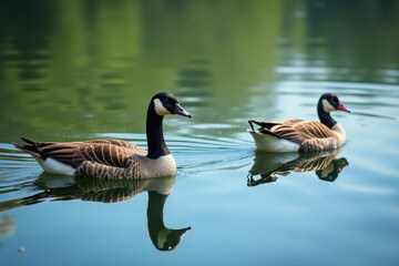Fototapeta premium Geese swim, ripples disturb still lake surface, nature photography, water