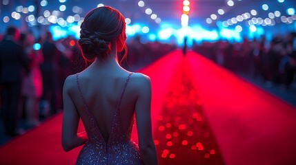 Woman walks red carpet, event crowd, awards ceremony, glamorous dress, nighttime