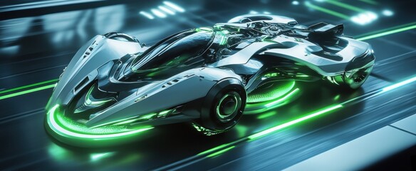 Futuristic Sleek Car with Neon Lights in Cyberpunk Setting on a High-Tech City Road
